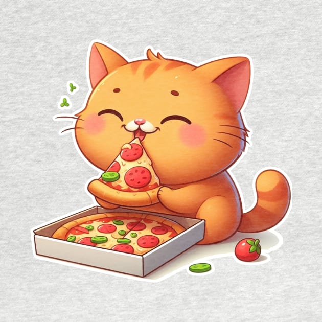 cute cat fat eat pizza slice cartoon illustration by art poo